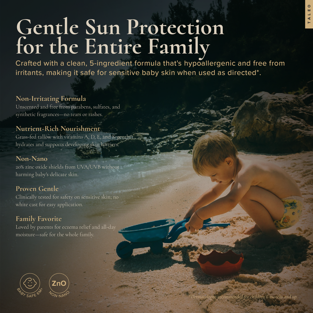 TALEO Sun Balm gentle mineral sun protection for the entire family — hypoallergenic, non-nano zinc oxide, safe for sensitive skin