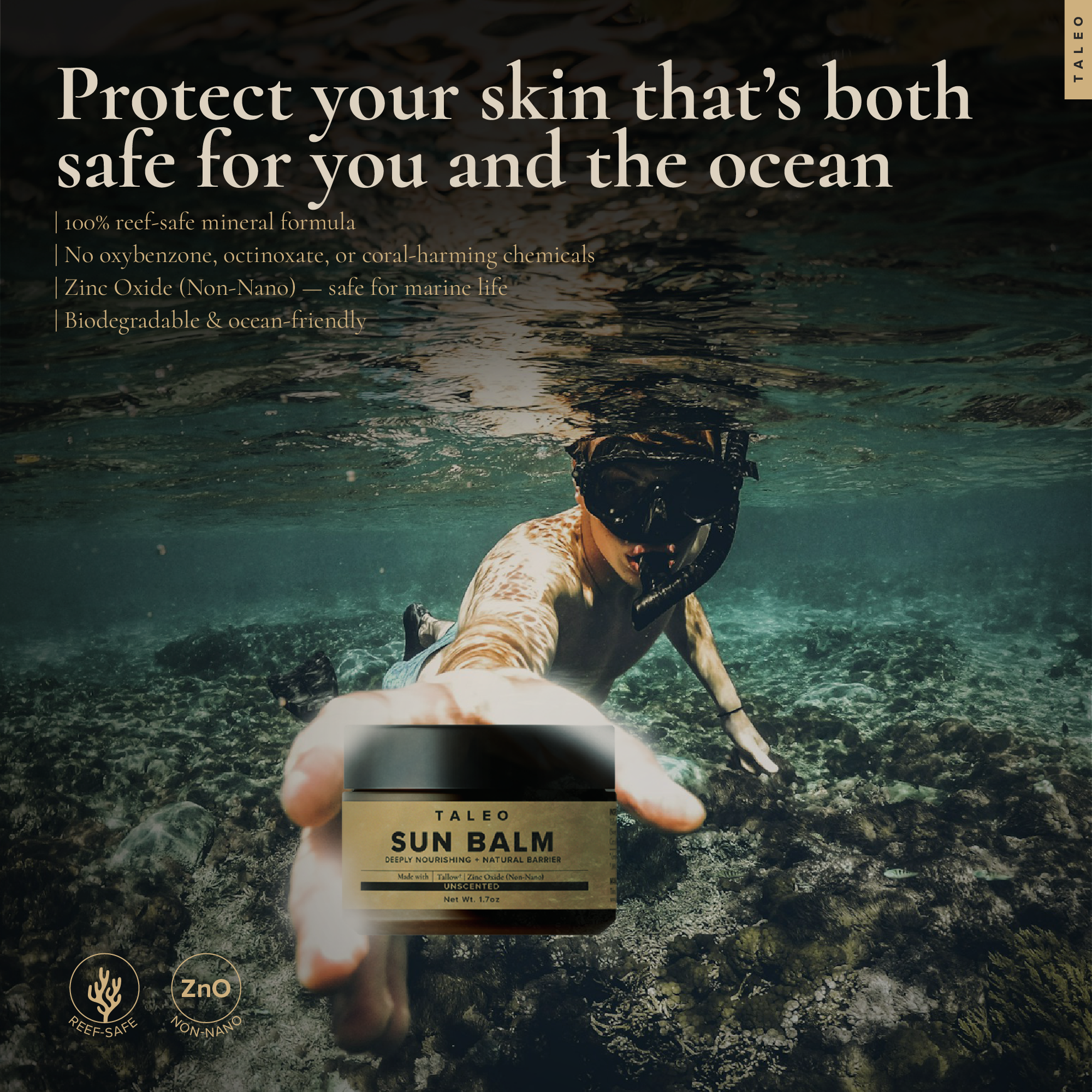 TALEO Sun Balm — 100% reef-safe mineral sunscreen with non-nano zinc oxide, safe for marine life and the ocean